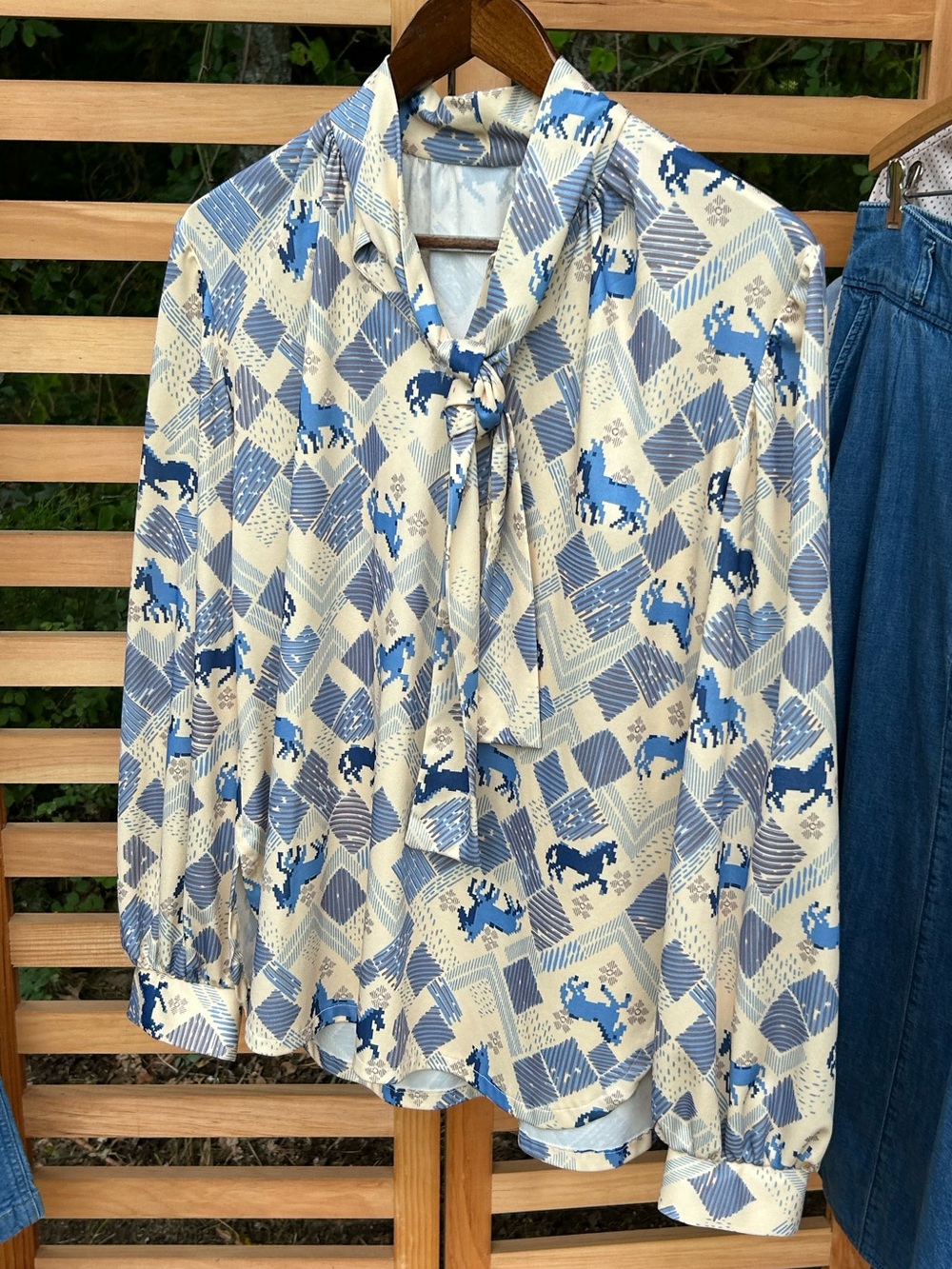Vintage 70’s Poly-Knit PussyBow Tie Neck Novelty Pony Print Blouse